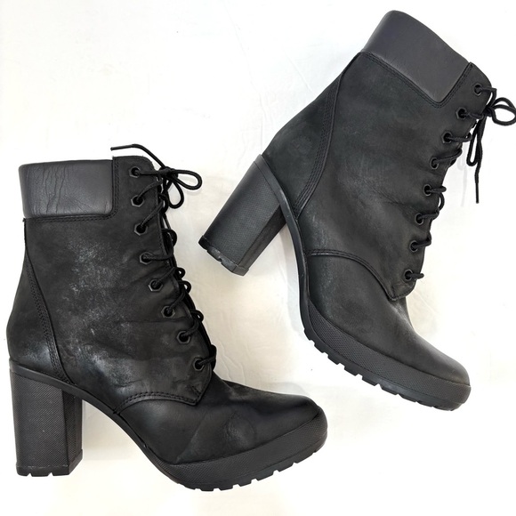 Timberland Allington Mid Lace-Up Block High Heel Black Leather Preppy Boot - Picture 3 of 15